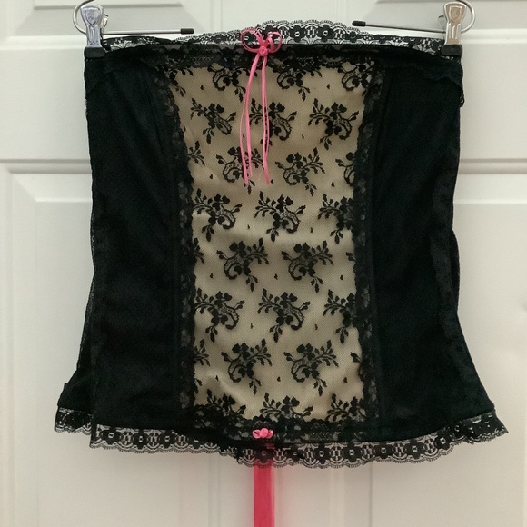 Cacique Black Beige Pink Bustier Corset Lace Up Top Sz 22/24 - Picture 3 of 9